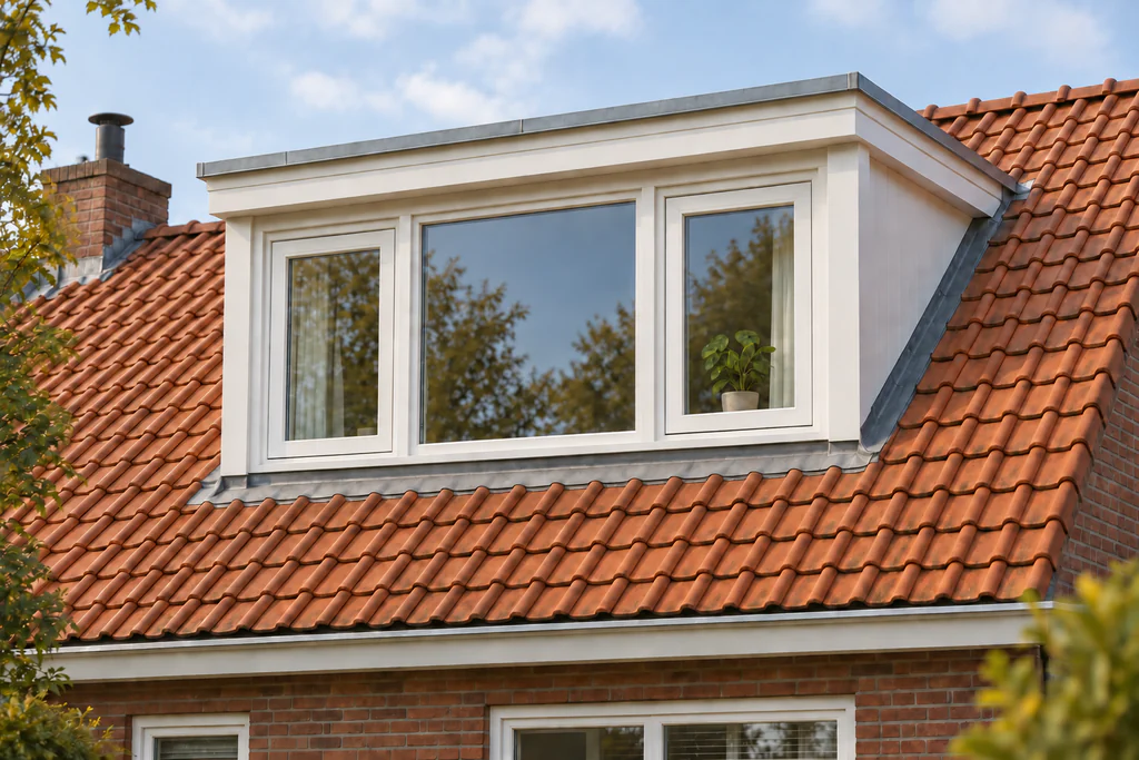 Witte klassieke dakkapel met drie raamvakken op een rood pannendak
