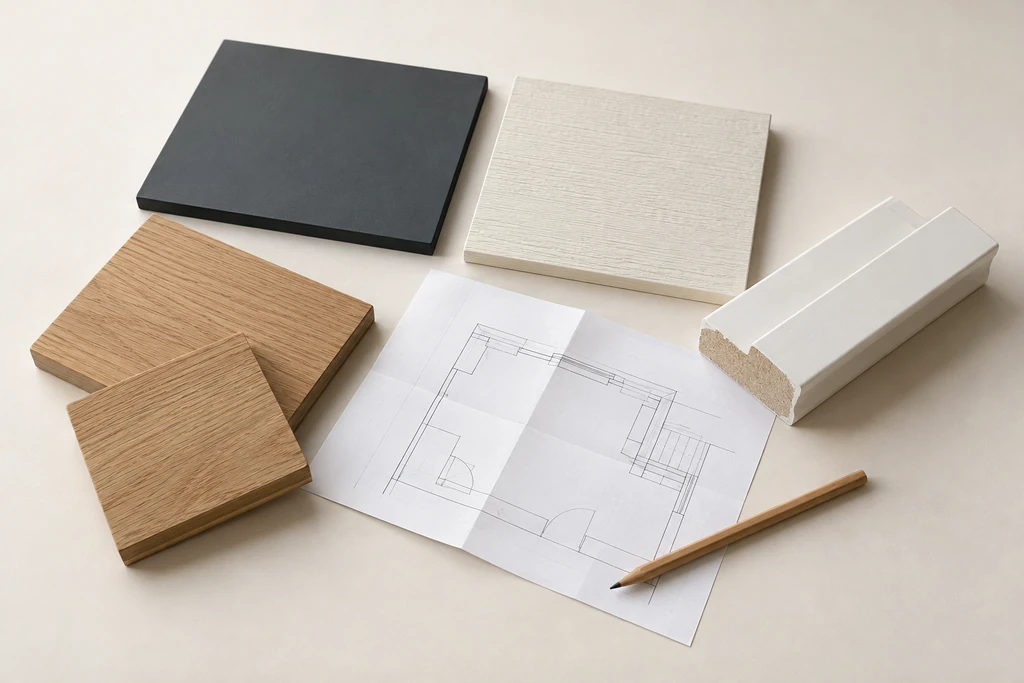 Illustratief moodboard met donkere en lichte afwerkingsstalen, hout, plint en schetspapier