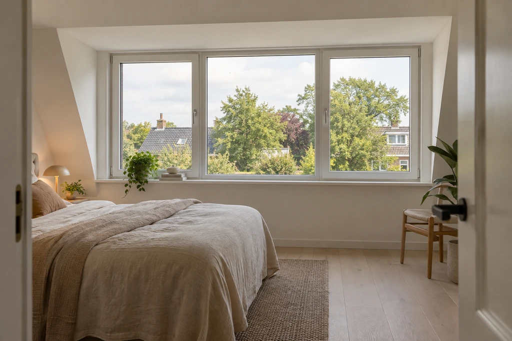 Illustratie van een lichte zolderslaapkamer met brede dakkapel en eiken vloer