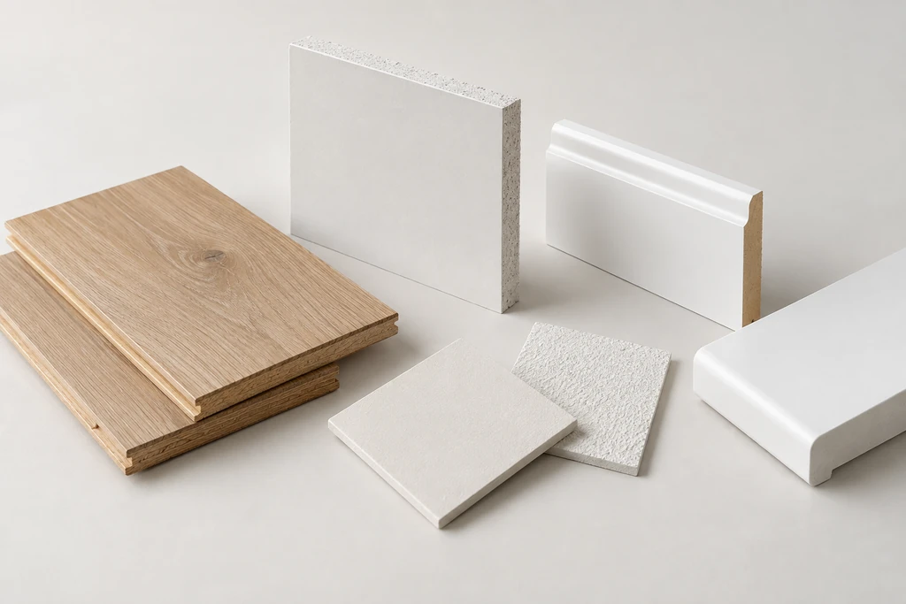 Illustratieve materiaalcompositie met plaatmateriaal, pleisterwerk, vloer en plint