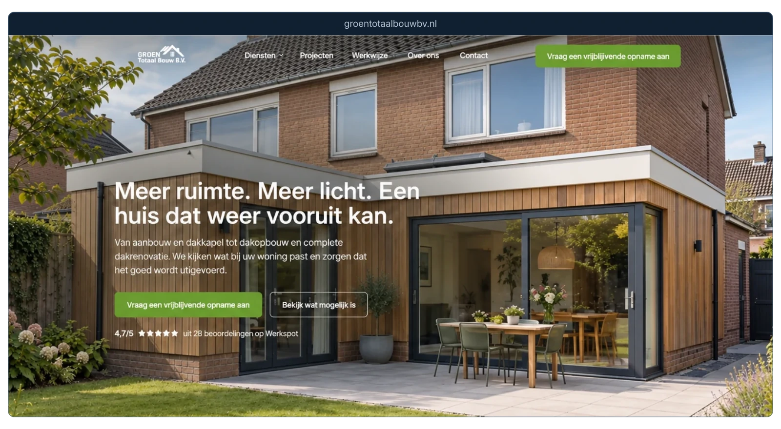 Website van Groen Totaal Bouw met een aanbouw en een duidelijke knop om een opname aan te vragen.