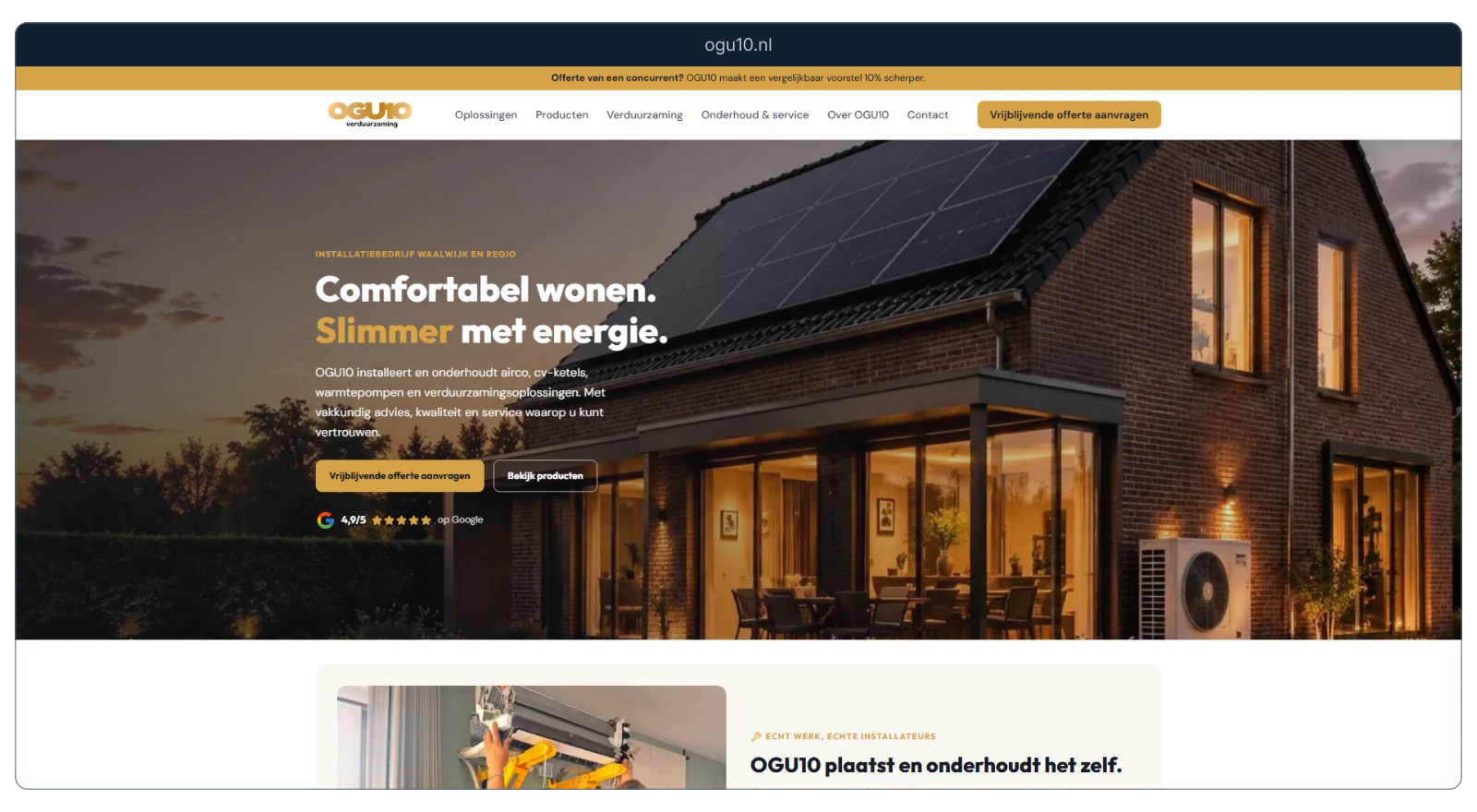 OGU10-website met de gele huisstijl, een woning en installatiediensten, in een frontaal browserkader.
