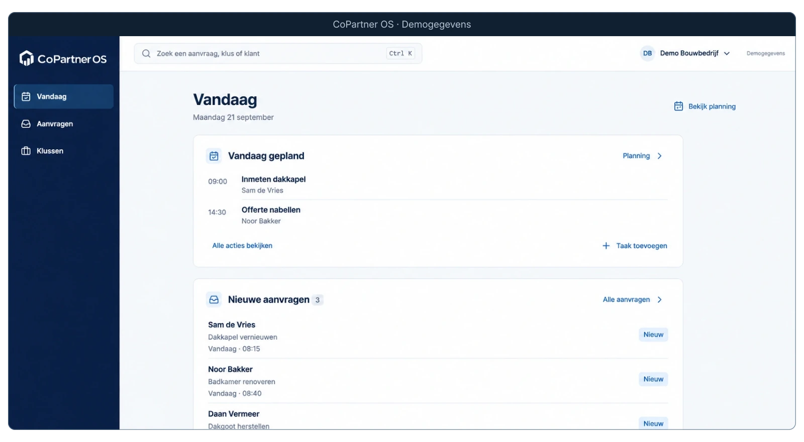 Illustratie van het CoPartner OS-dagoverzicht met fictieve aanvragen en geplande acties.