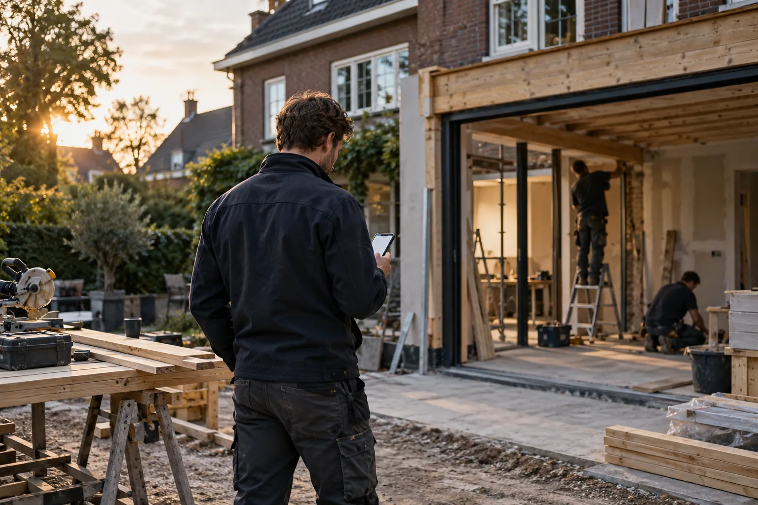 Een bouwondernemer bekijkt zijn telefoon op locatie.